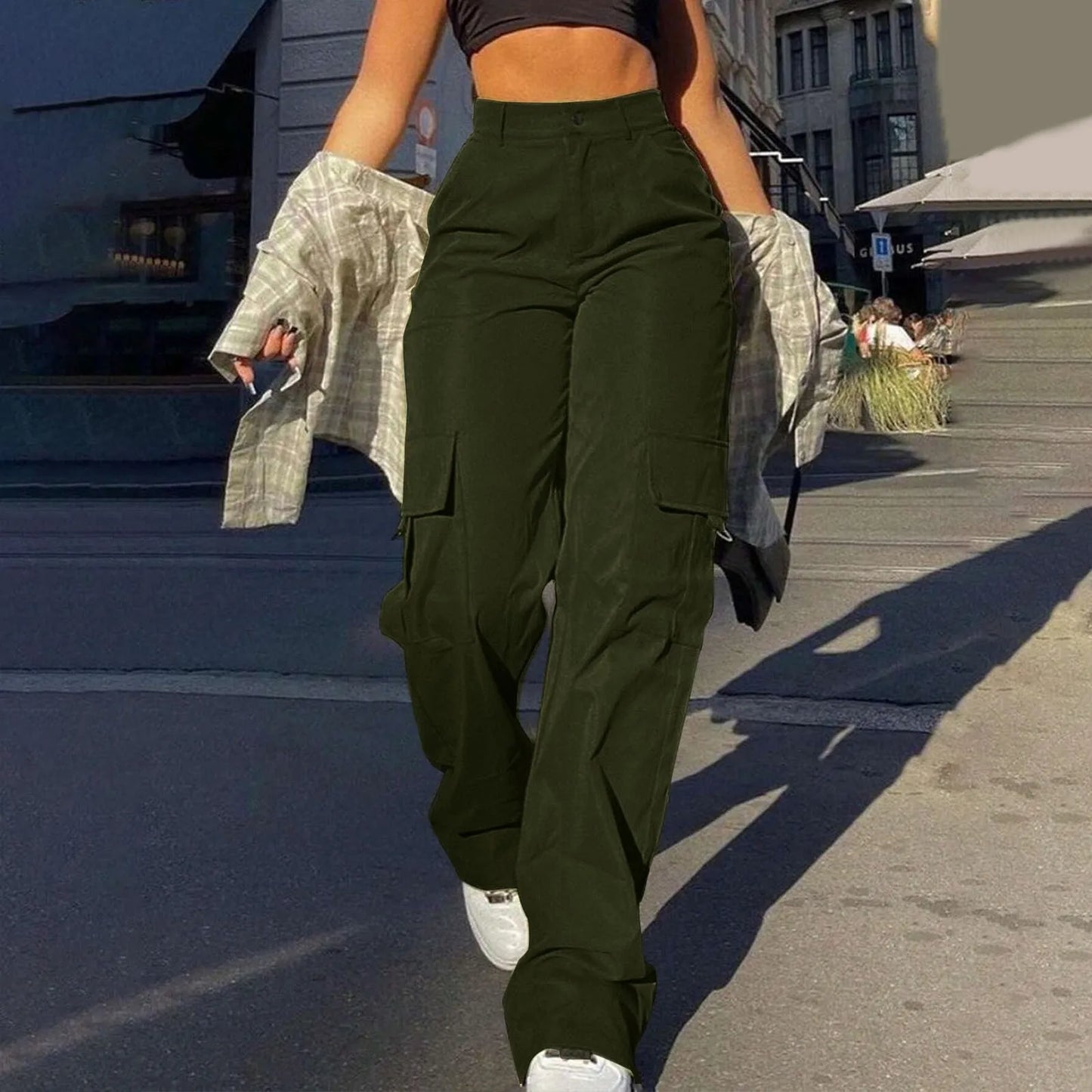 Women Cargo Pants With Pockets Stretch High Waisted Casual Sweatpants Straight Wide Leg Long Pants Sporty Jogger Trouser
