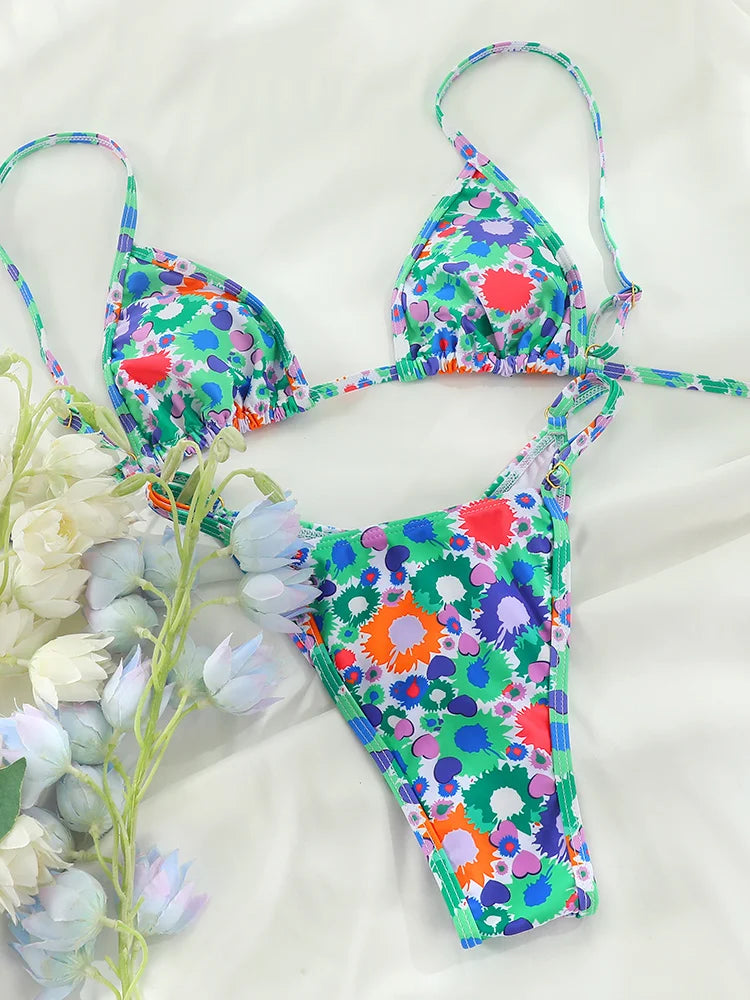 Floral Print Bikinis Sexy Swimsuit Women 2026 Bandage Bathing Suit String Bordered Swimwear Thongs Bikini Sets Summer Beachwear