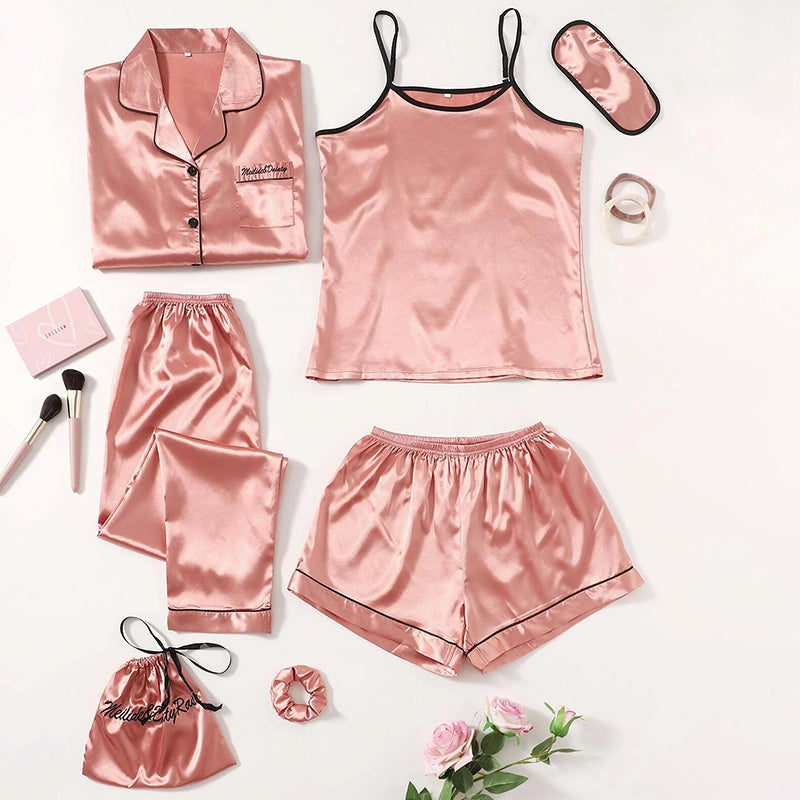 Women's Pajamas Set 7 Pieces Satin Sleepwear Pijama Silk Nightgown Suit Summer Women Home Clothing Printing Sleep Pyjama Femme