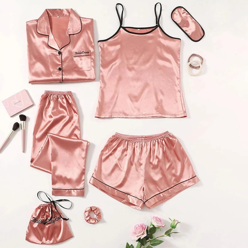 Women's Pajamas Set 7 Pieces Satin Sleepwear Pijama Silk Nightgown Suit Summer Women Home Clothing Printing Sleep Pyjama Femme