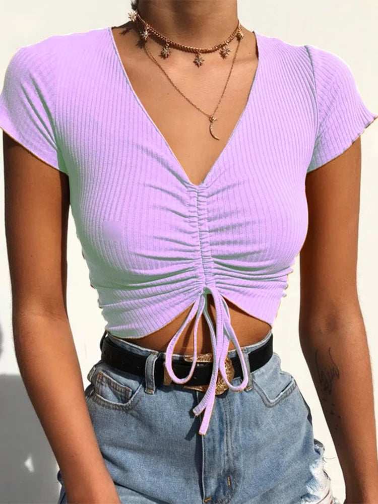 Sexy V Neck Cropped Tank Tops Women Drawstring Tie Up Front Camis Candy Colors Streetwear Slim Fit Ribbed Crop Top