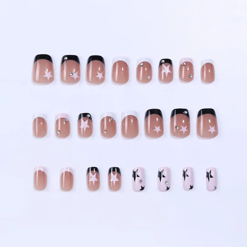 y2k Nails 24pcs Fake Nails Black Pink Color French Press Nail Tips with Five-pointed Star Pattern Artificial Nail Tips for Girls