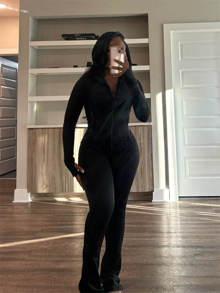 Elegant Sports Women Clothing Sales Long Sleeve Tops Flare Pants 2 Two Pieces Sets Tracksuit Streetwear Jogging Leggings Outfits