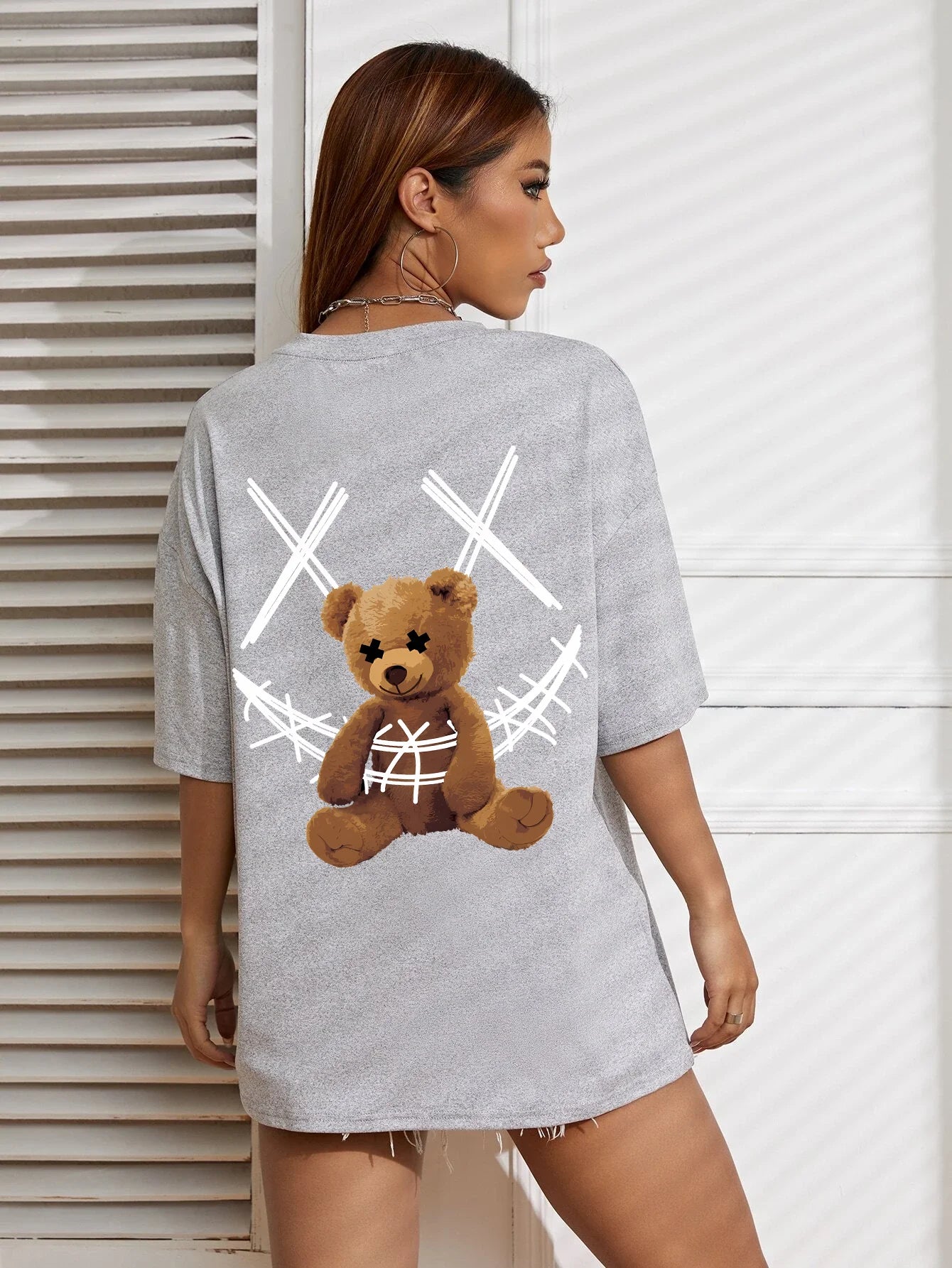 A Stuffed Bear Bound With A Bandage Print T-Shirts Female Casual Soft Tops Fashion Cool Tee Clothes Street Summer Short Sleeves
