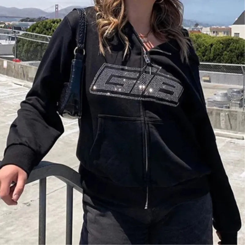 Y2K Zip Rhinestone Women Hoodie 2025 Oversized Hoodies E-girl Goth Punk Jacket Long Sleeve White Sweatshirts Trend Streetwear