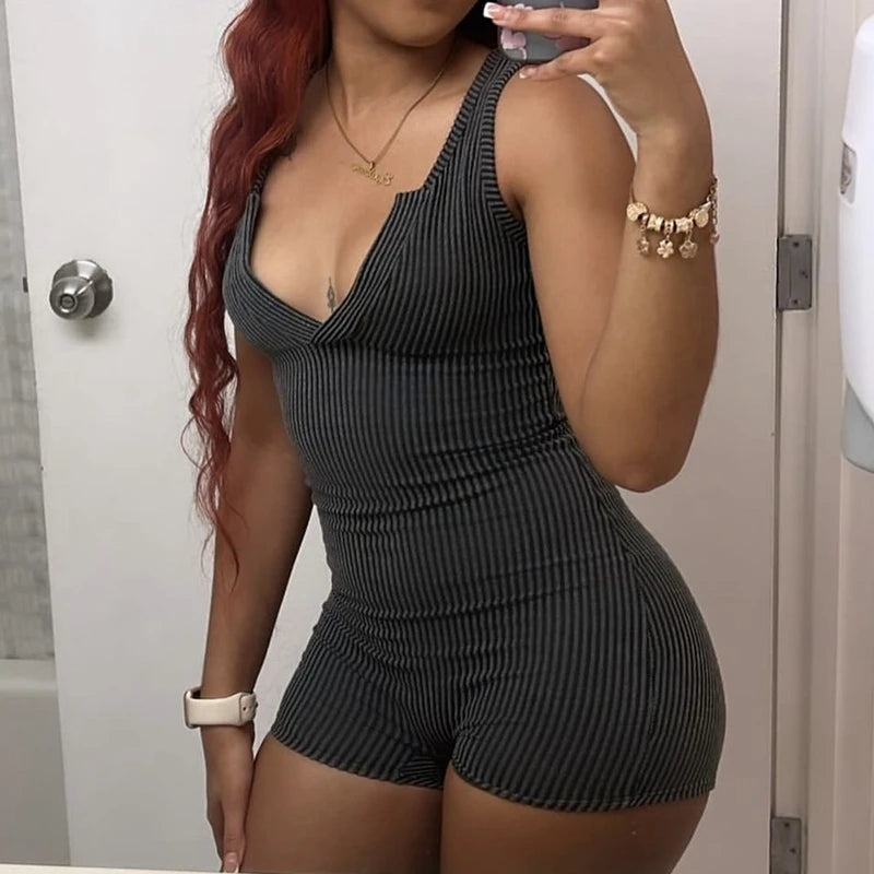 STYLISH LADY Solid Color Ribbed Playsuits 2025 Summer Women Sleeveless V Neck Bodycon Sexy Club Party Street Sports Overalls