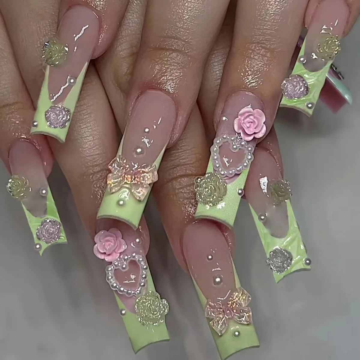 24Pcs Long Square Press on Nails Leopard Print French 3D Cherry Design False Nail Rhinestone Wearable Full Cover Fake Nails Tips