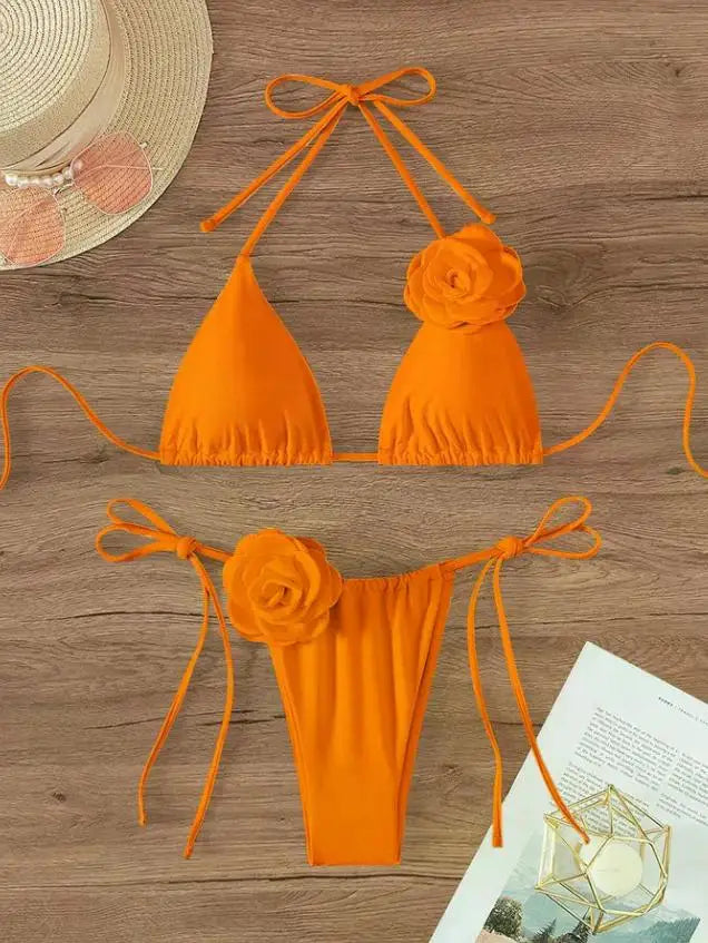 S - L Sexy 3D Flowers Halter Strappy Bikini, Swimwear Swimsuit Two-pieces Bikini Set Bather Bathing Suit Swim