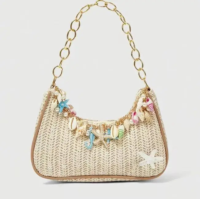 Bohemian Summer Straw Shoulder Bag with Ocean Shell, Starfish & Seahorse Charms, Perfect for Beach Vacation & Tropical Getaways