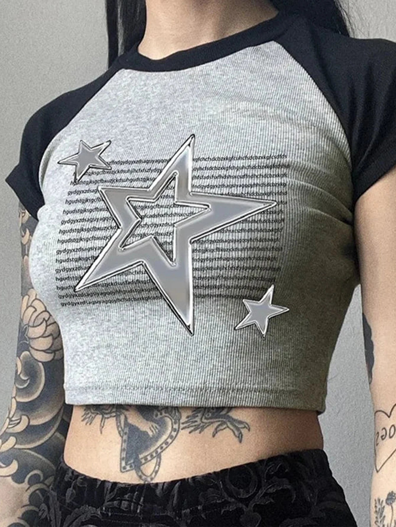 Silver Star Graphics Print Y2K Women Aesthetic Summer Patchwork Short Sleeve Casual Tee Basic Crop Tops Korean Harajuku T Shirts
