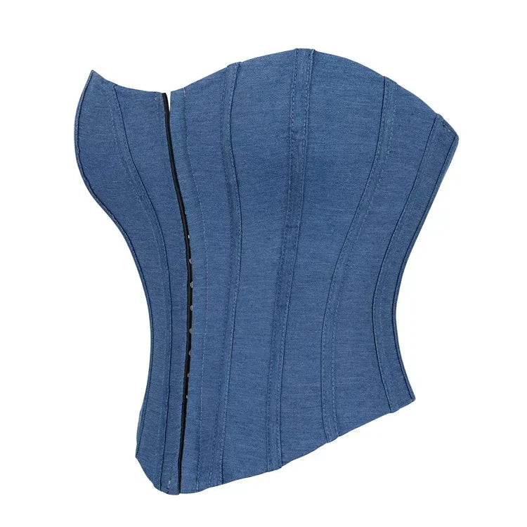 Fashion Denim Corset Crop Tops Female Underwear Backless Body Shaper Short Torso Bustier Vest Blue
