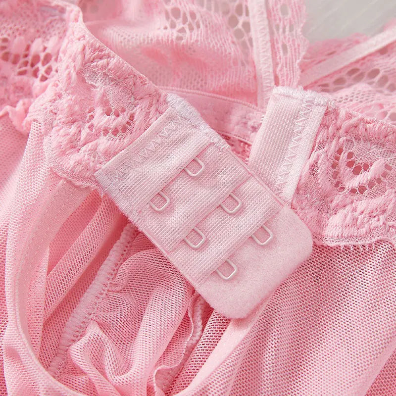 Sexy Lace Nightdress Transparent Pink Lingerie Women Underwear Sexy Sleepwear Thin Style G-string Set Elegant DeepVDress Pijamas