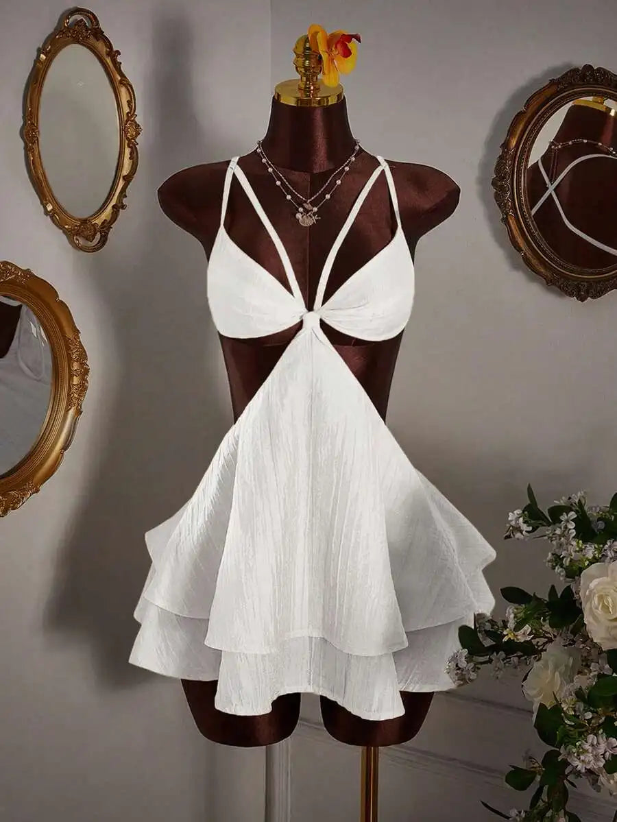 Women Solid Color Cropped Waist Mini Dress With Ruffle Skirt Casual Party Wear