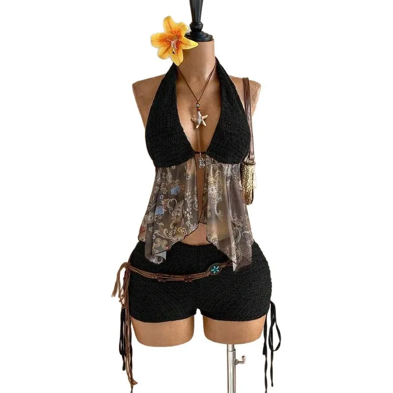 Retro Ethnic Style Knitted Floral Chiffon Top Drawstring Shorts Set Deep Brown off Shoulder Two Piece Set Streetwear Trend