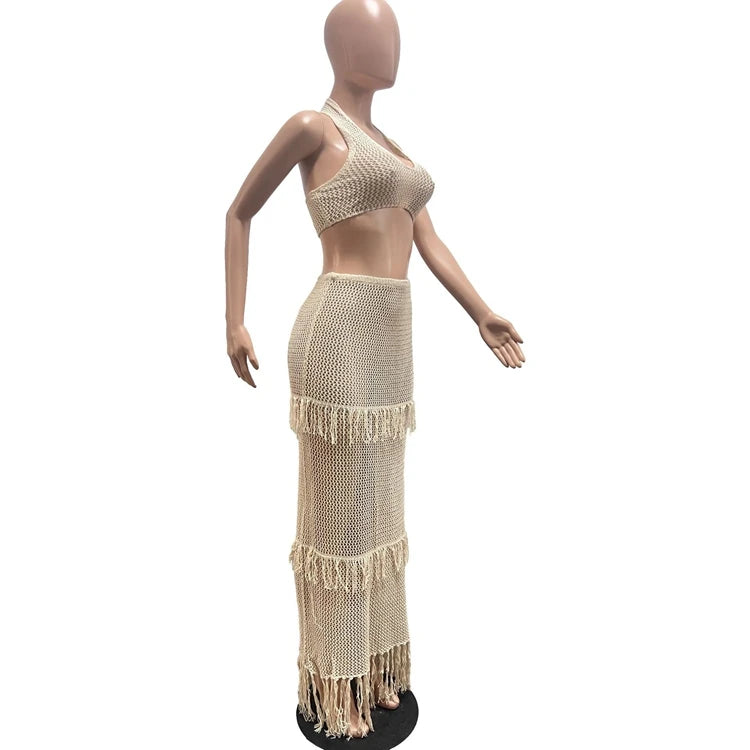 STYLISH LADY Tassel Crochet 2 Piece Set Women Halter Backless Crop Top and Maxi Skirts Suits 2025 Summer Sexy Beach Outfits
