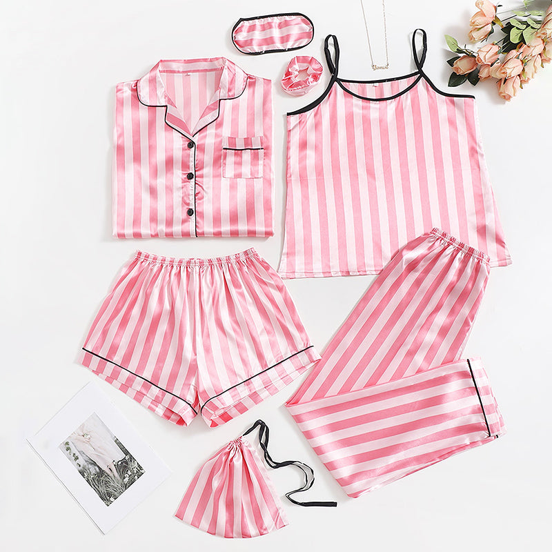 Women's Pajamas Set 7 Pieces Satin Sleepwear Pijama Silk Nightgown Suit Summer Women Home Clothing Printing Sleep Pyjama Femme