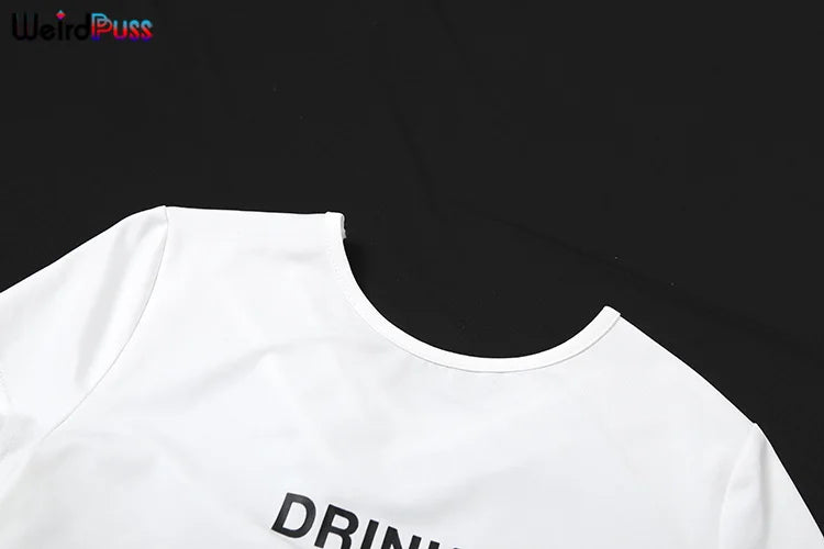 Weird Puss Casual T-Shirt Monogram Y2K  Women Shorts Sleeve Shirring Crop Tops Chic Hot Hot Girl Wild Streetwear Tees