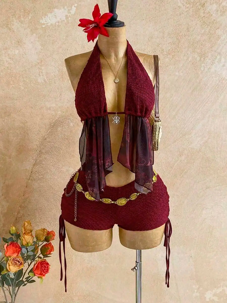 2pcs Women Halter Backless Tie-Up Top And Ruched Drawstring Shorts Set