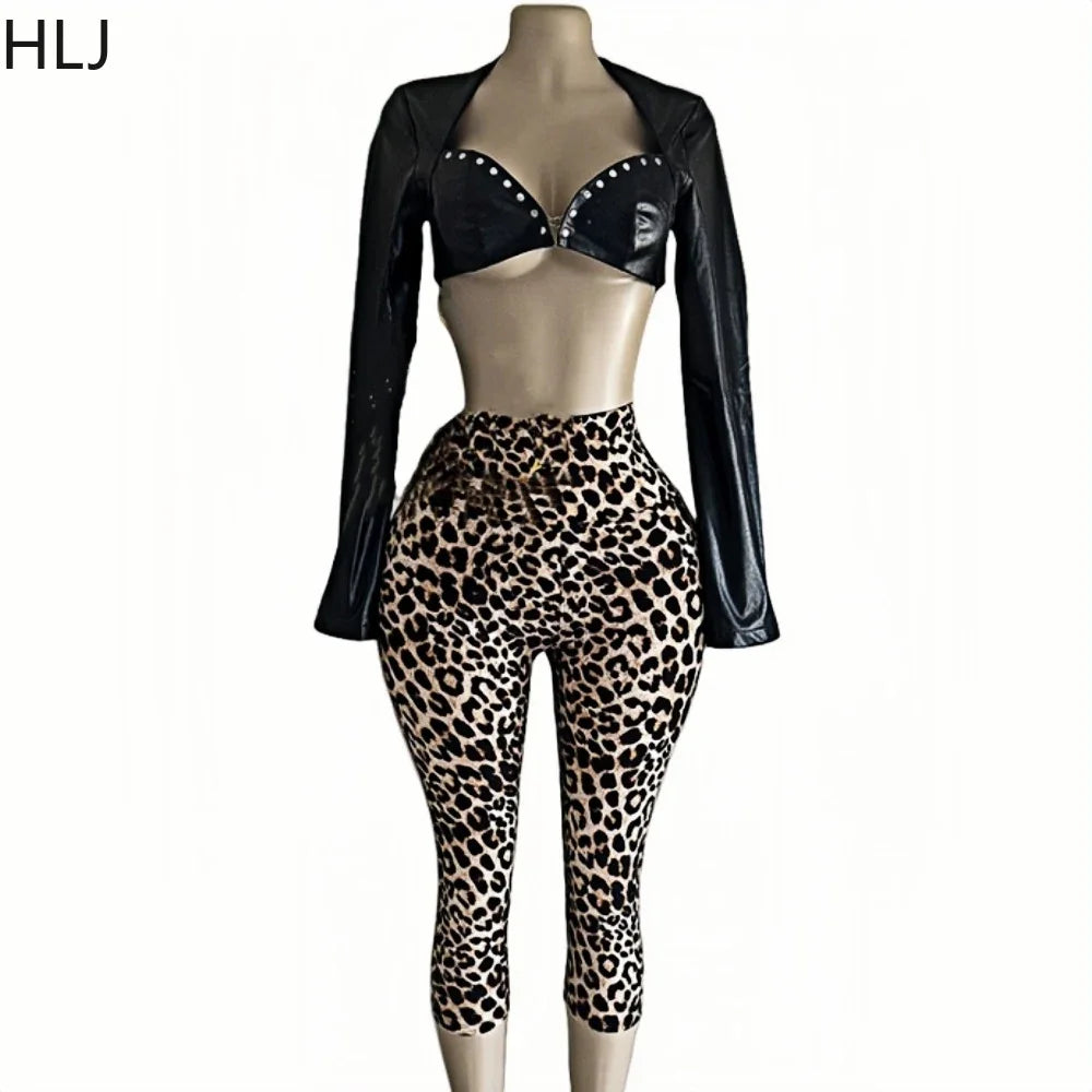 HLJ&GG Fashion Leather Long Sleeve Crop Jacket + Skinny Leopard Pants Two Piece Sets Y2K Cool Girl Outfits Women Sexy Streetwear