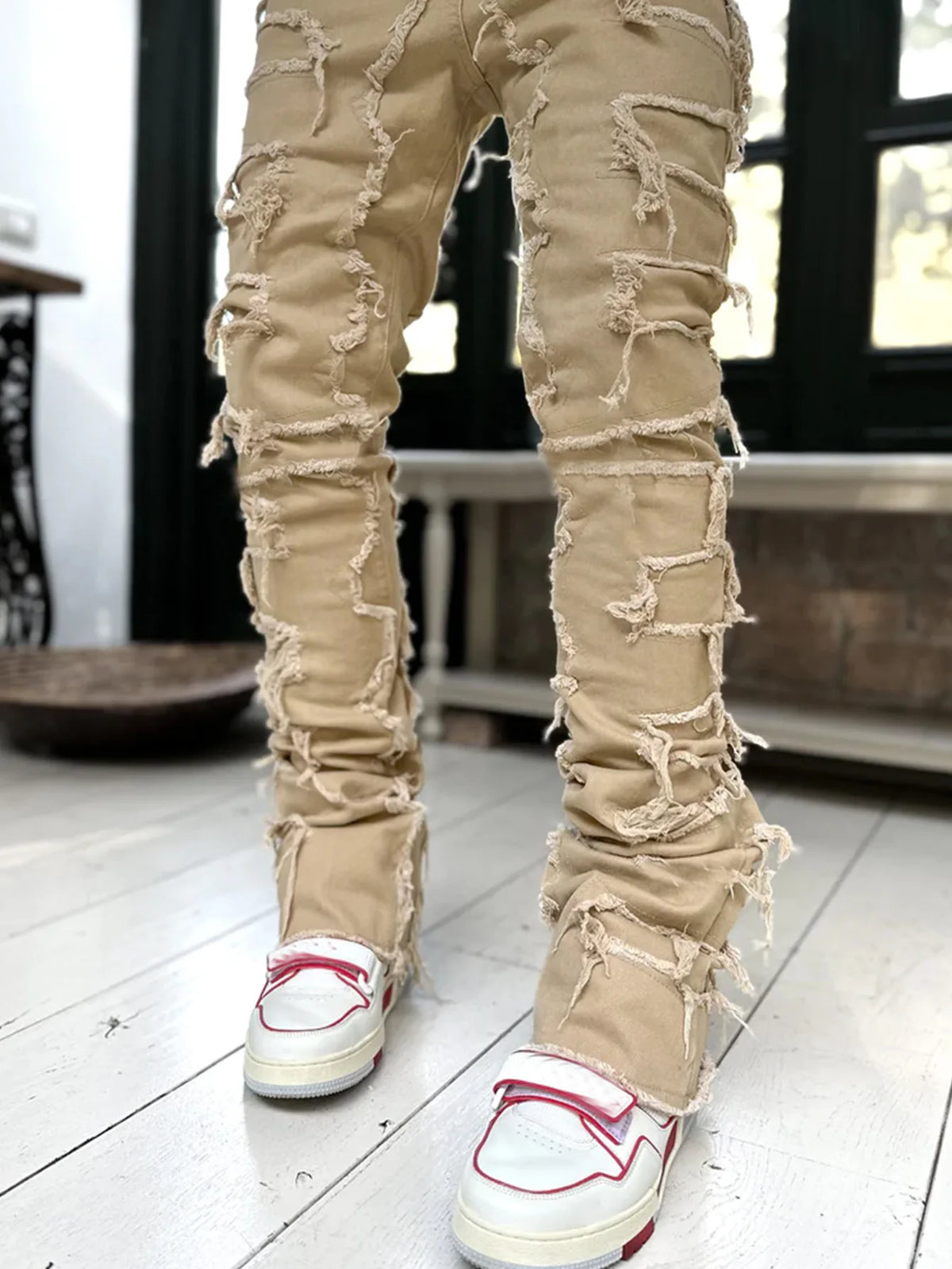 2025 New Men's Stacked Jeans Stretched Patchwork Tassel Damaged Denim Full Length Pants Hip-pop Trousers For Male