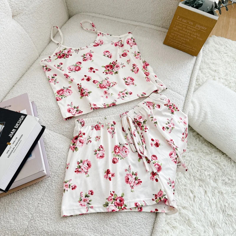 Women's Summer Printed Cami Sleeveless Top and Shorts Pajama Sets Female Soft Breathbale Nightwear Adjustable Belt Sleepwear New