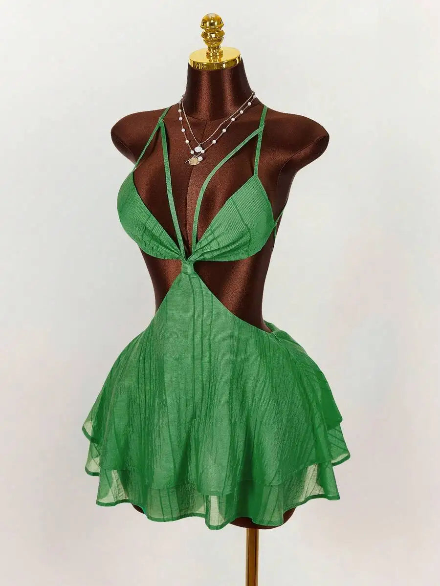 Women Solid Color Cropped Waist Mini Dress With Ruffle Skirt Casual Party Wear
