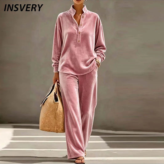 Autumn Winter Solid Soft Velvet 2 Piece Set Women Fashion Stand Neck Button Blouses High Waist Pants Sets Long Sleeve Warm Suits