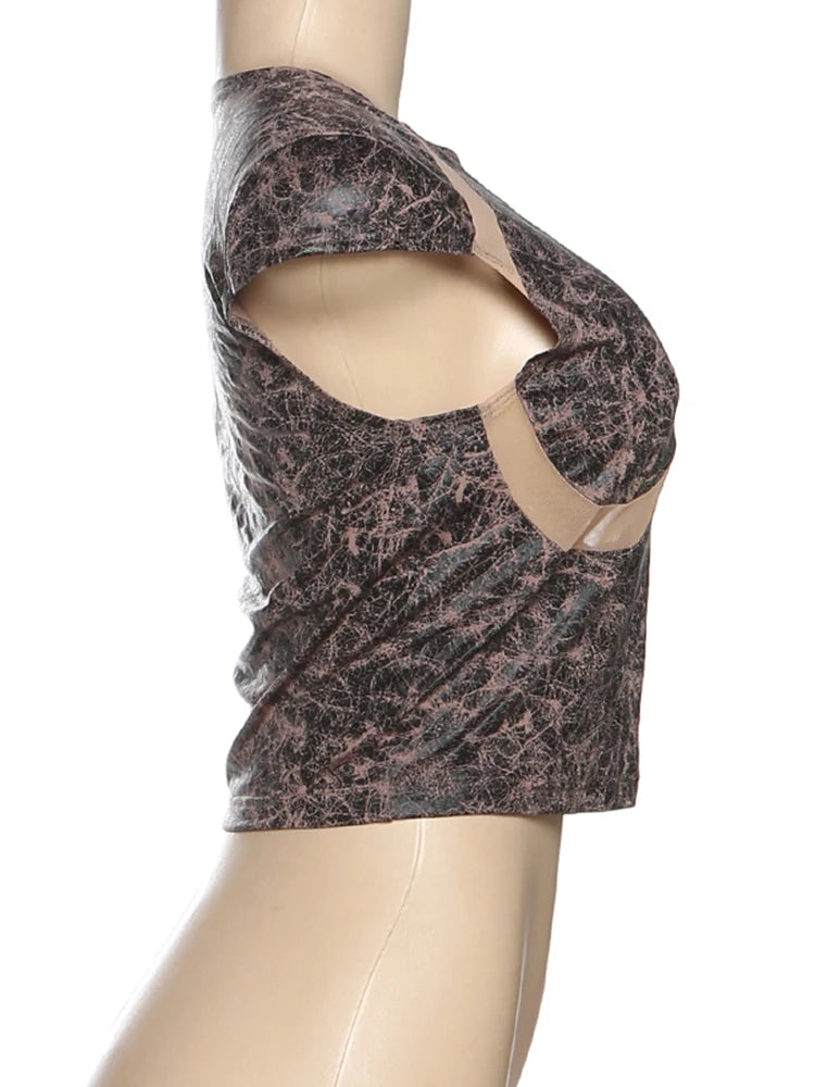 Weird Puss Mesh Patchwork Crop Tops Women Fashion Print o-Neck Sleeveless Skinny Stretch Hot Girls Street Fashion Wild T-Shirts