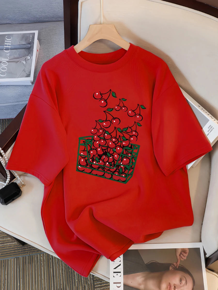 A Basket Of Cherries Printing Female Tee Shirt Breathable Casual T-Shirts Summer Short Sleeve Soft Loose Streetwear Women
