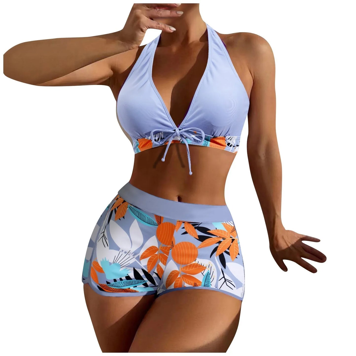 Shorts Bikinis Set  High Waist Swimsuit Women Swimwear  Plant Print Bathers Bathing Swim Suit Beachwear