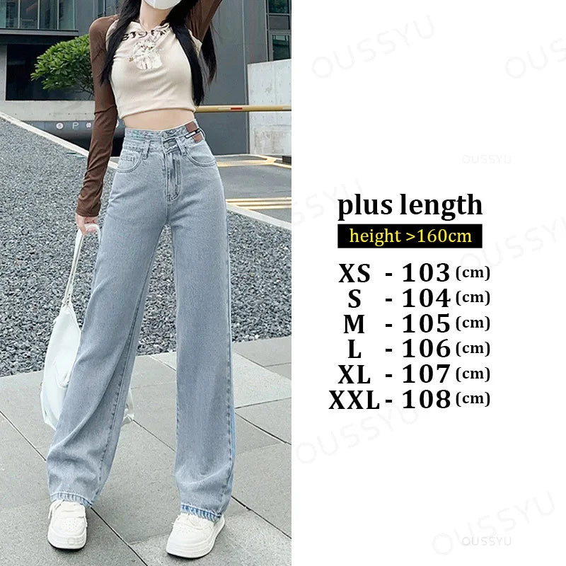 OUSSYU Woman Jeans High Waist Straight Wide Leg Cotton Denim Clothing Blue Streetwear Vintage Fashion Harajuku Women Trousers