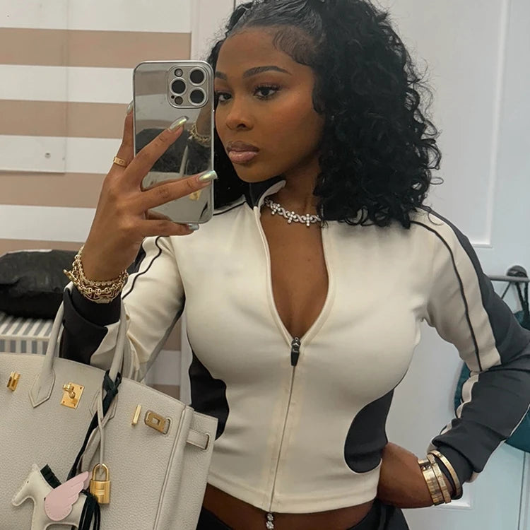 STYLISH LADY Contrast Color Sporty 2 Piece Set Women Long Sleeve Zipper Crop Top and Drawstring Short Suits 2025 Workout Outfits