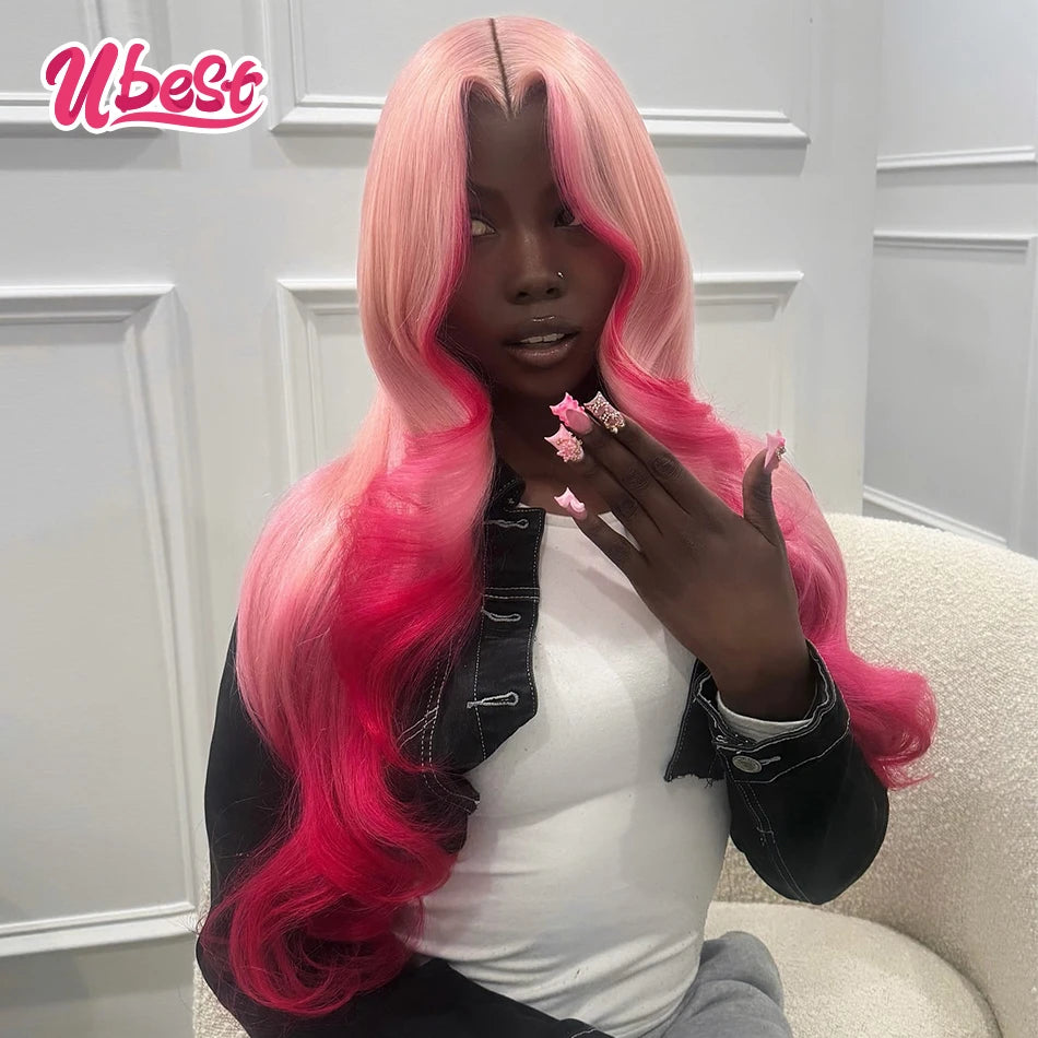 Ubest Ombre Pink Colored Body Wave 13x6 Lace Front Wigs Brazilian 100％ Human Hair Transparent Glueless Wig Pre Plucked For Women