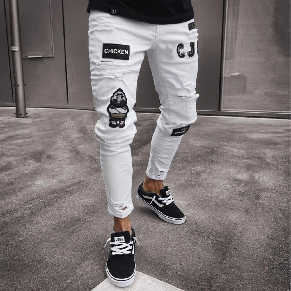 White Embroidery Skinny Ripped denim Men Cotton Stretchy Hole Slim Fit Hip Hop Denim Pants Casual Jeans for Men Jogging Trousers