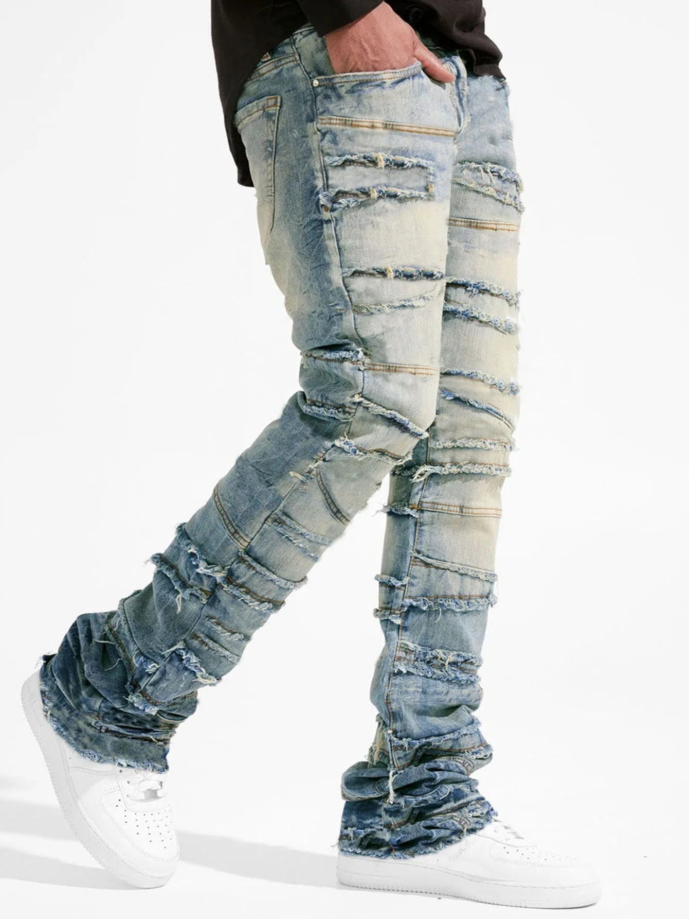 Straight Pant Men Jeans Denim Pants Slim Fit Irregular Folds Tassel Splice Simple Button Pocket High Street Trousers Spring