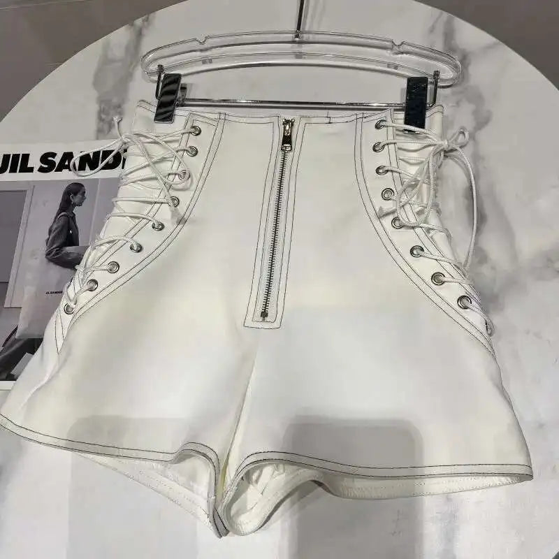 DEAT Women's Fashion High Waist Zipper Design Shorts Trendy Casual A-line Side Straps Short Pants Female Spring New 11A02658