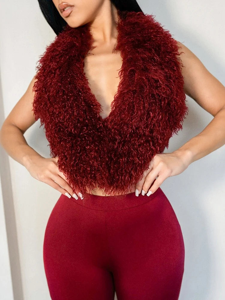 Weird Puss Sexy Fashion 2 Piece Set Women Plush Patchwork Halter Backless Camisole+Solid Skinny Pants Hottie Hipster Clubwear