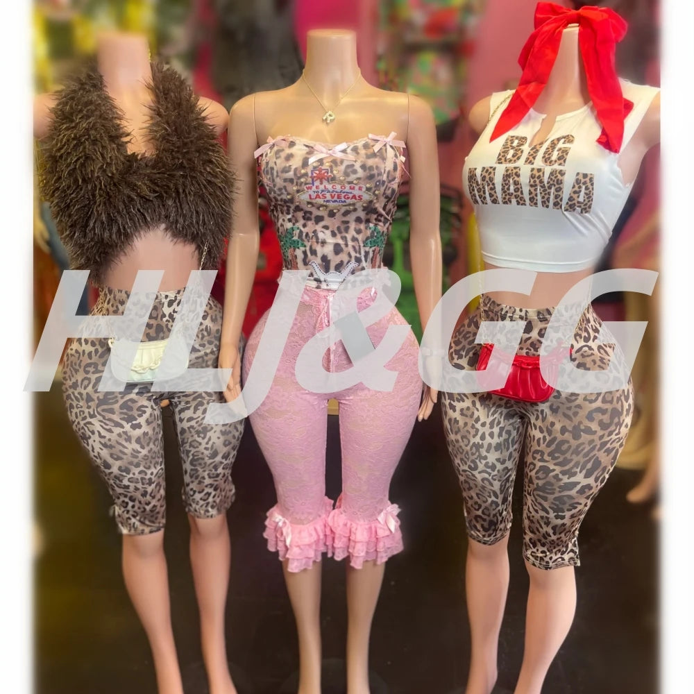 HLJ&GG Fashion Trend Leopard Print Shorts Two Piece Sets Women Fur Halter Lace Up Crop Top And Shorts Outfit Y2K 2pcs Streetwear