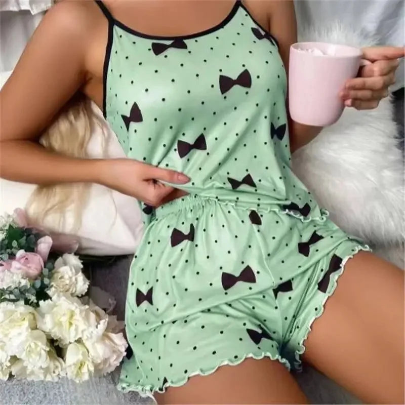Sexy Summer Women's Sleepwear Two-Piece Set Strap Home Clothes Short Pants Casual Vest Home Comfortable Breathable Nightgown