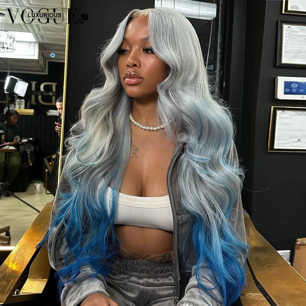 Omber Grey Blue Body Wave 100% Real Human Hair Wig 200% Density Pre Cut Remy Wigs Salon Hair Coloring Wig 13x6 Lace Front Wigs