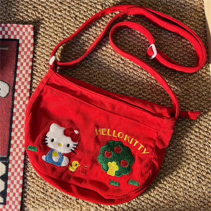 Kawaii Retro Red Cartoon HelloKitty Crossbody Bag Cute Japanese Girl Fashionable Corduroy Shoulder Bag Storage Bag Children Gift