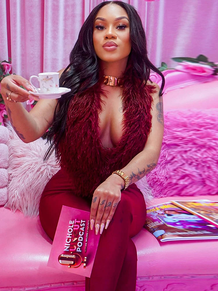 Weird Puss Sexy Fashion 2 Piece Set Women Plush Patchwork Halter Backless Camisole+Solid Skinny Pants Hottie Hipster Clubwear