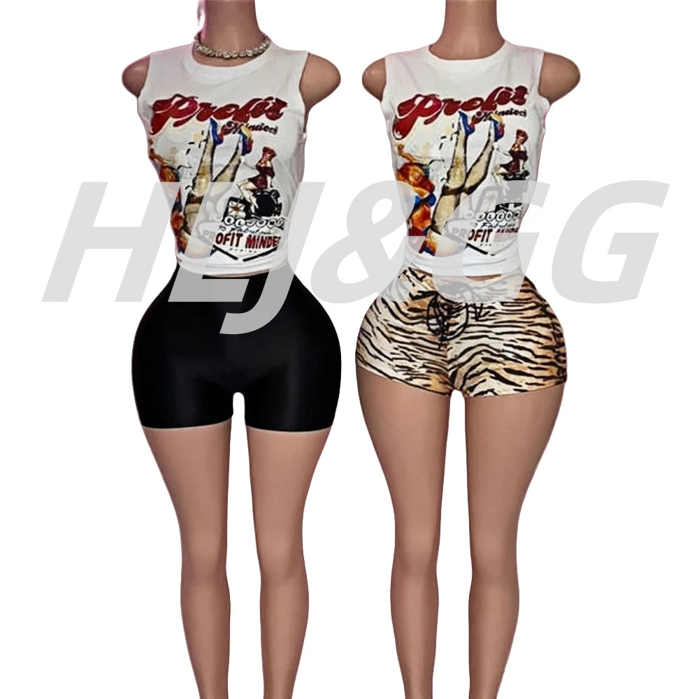 HLJ&GG Fashion American Vintage Style Pattern Print Two Piece Sets Women O Neck Sleeveless Top And Tiger Bandage Shorts Outfits