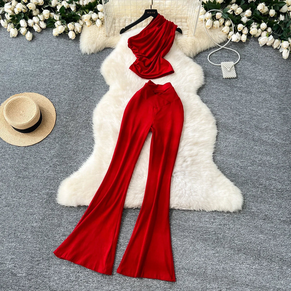 Chic Women Two-Piece Sets Vintage Diagonal Collar Sleeveless Pleated Top and High Waist Flare Pants Korean High Street Clothing