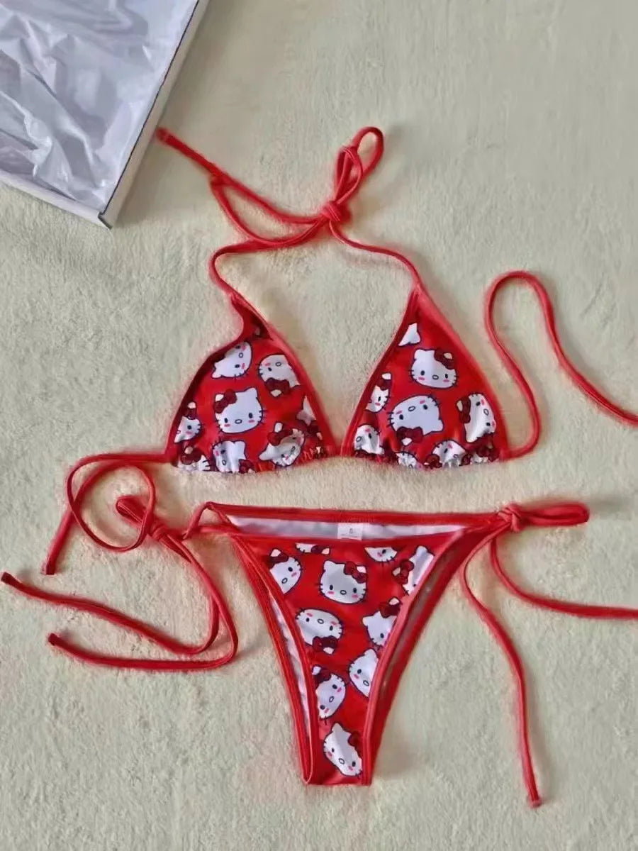Sanrio Hello Kitty Kawaii Bikinis Set Cute Cartoon Anime Summer Beach Soft Side Strappy Panties Kawaii Swimsuit Sexy Bikini Y2k