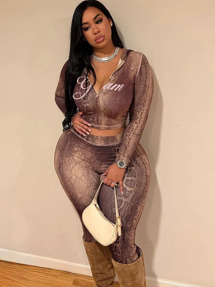 Snake Print Zip Jacket & Pants Set — Women's Tracksuit