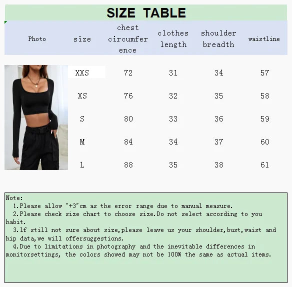 Sexy women's fashion Squared Neck Cropped T-shirt, New Casual Long Sleeve Solid T-shirt, Women's Clothing Tops