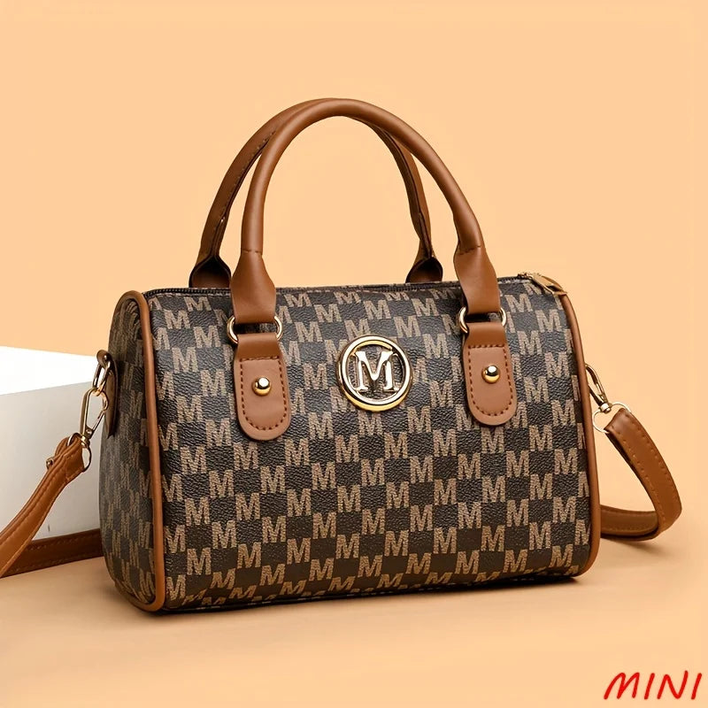 Women's Small Shoulder Crossbody Bag with Golden "M" Design, Synthetic Faux Leather Purse for Work, Travel, Parties & Gifts