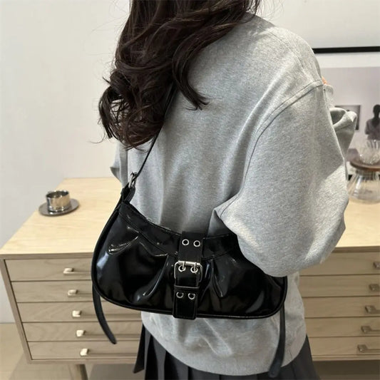 Retro Designer Buckle Armpit Bag Pu Leather Gothic Y2k Shoulder Bag Vintage Cross Body Spicy Girl Handbag Female