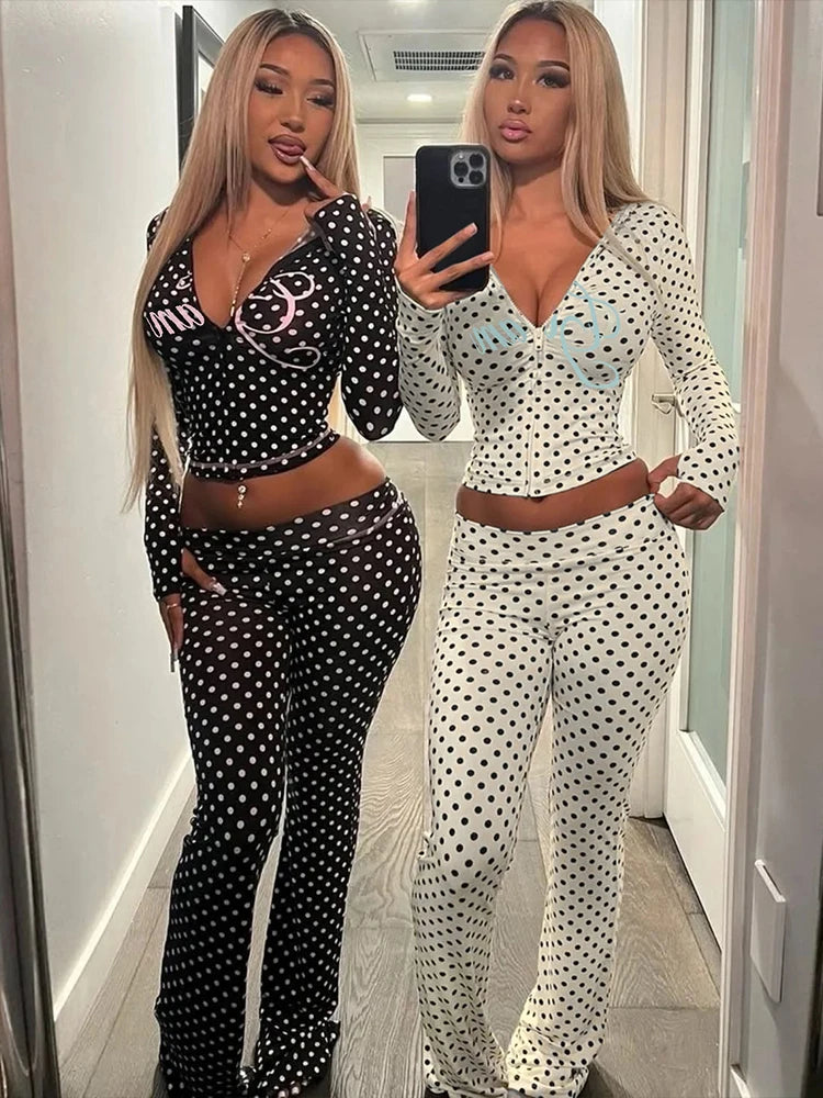 Weird Puss Polka Dot Letter Print 2 Piece Set Woman Tracksuit Trend Sexy Hooded Jacket+Pants Skinny Stretch Matching Streetwear